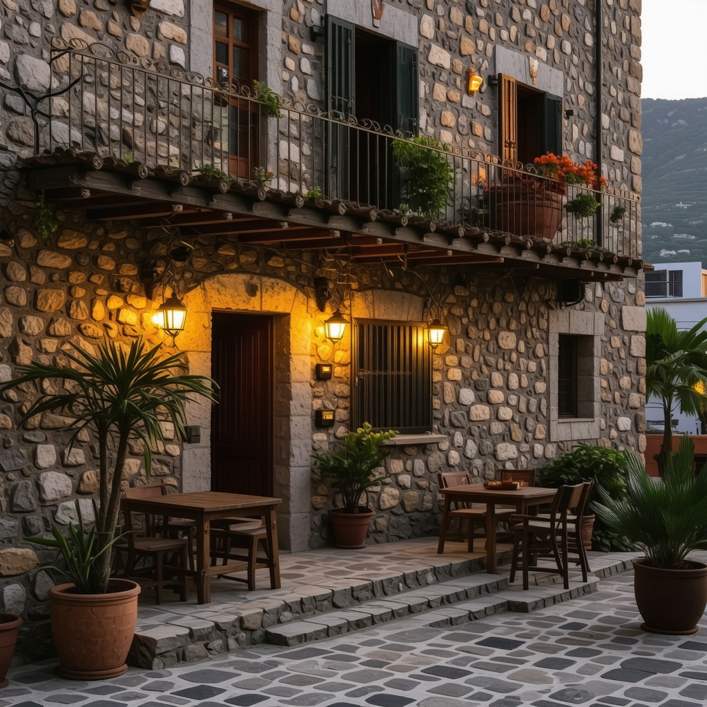 Stone-walled traditional Greek pension with wooden balconies and warm lights in Nafplio, Greece