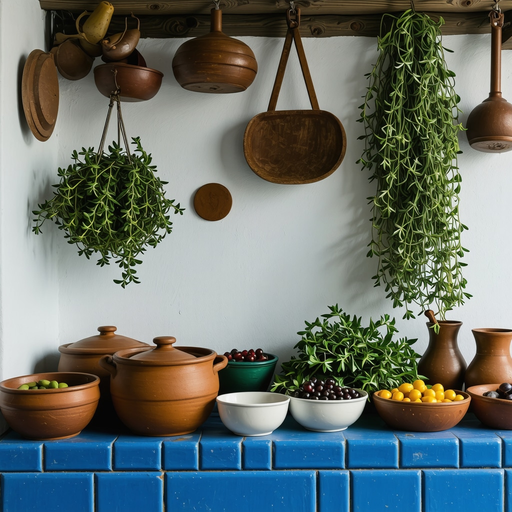 Traditional Greek kitchen showcasing local ingredients and pottery in Nafplio