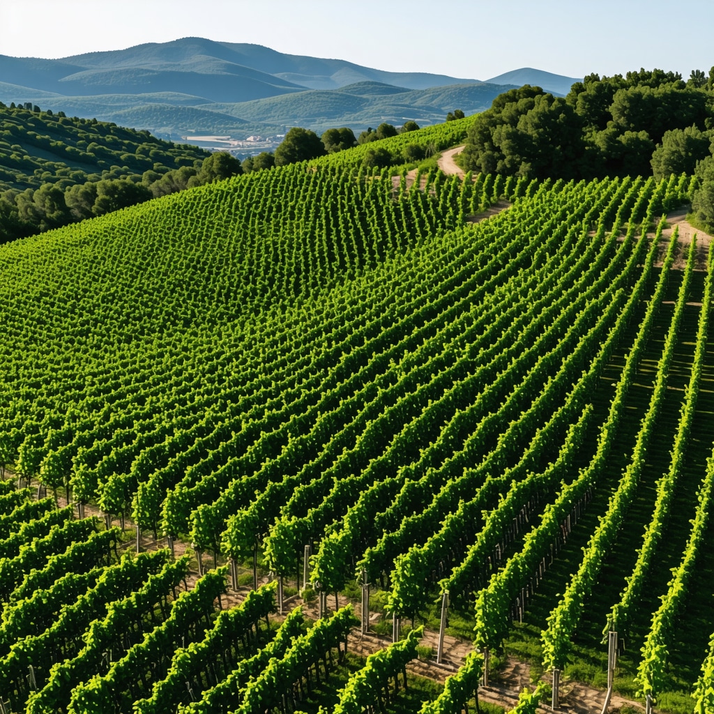 Aerial view of Trebinje vineyards showing traditional stone wine cellars and modern digital monitoring equipment under Mediterranean sky