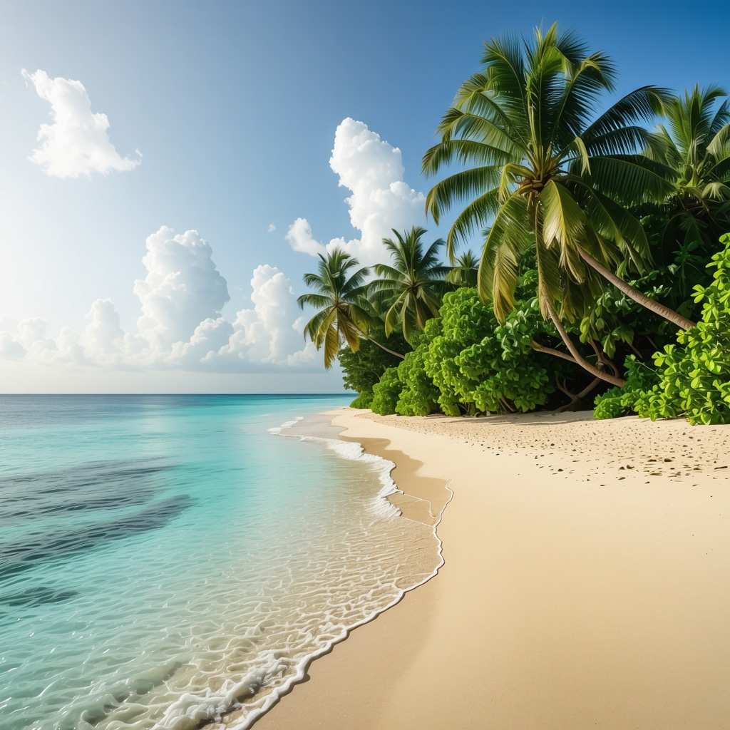 A stunning tropical island with white sandy beaches, dense greenery, and high-end resorts, expert view, vibrant colors
