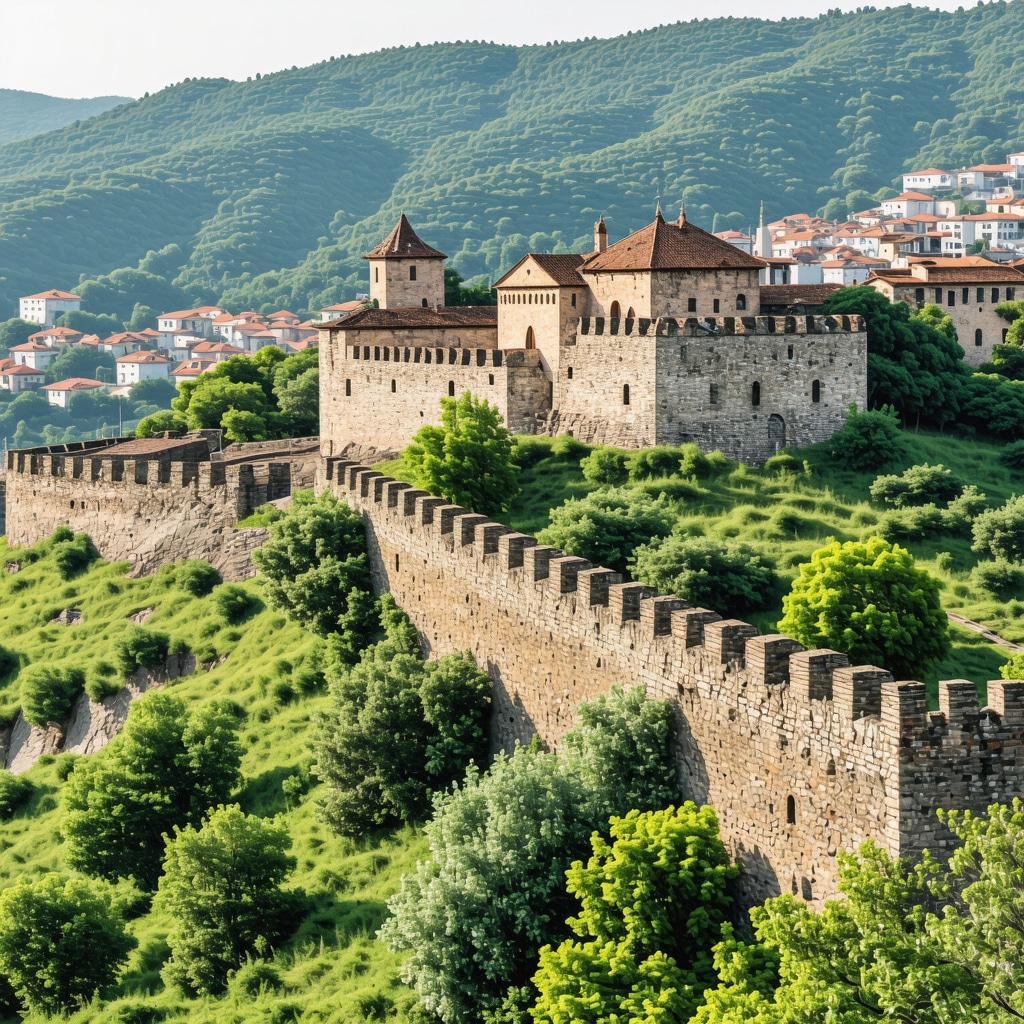 Zgodovinska panorama Velike Tarnove s starodavnimi zidovi in razgledom