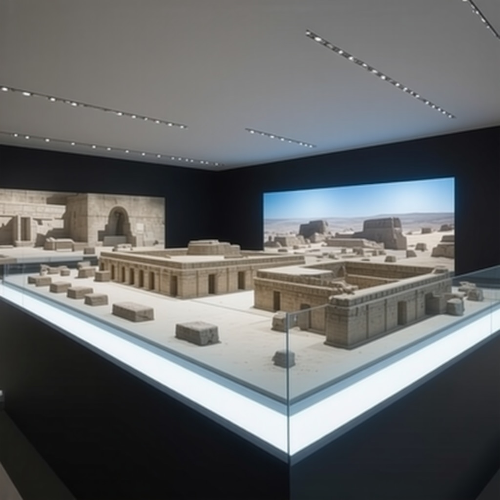 VR headset user exploring detailed 3D models of archaeological sites in a museum