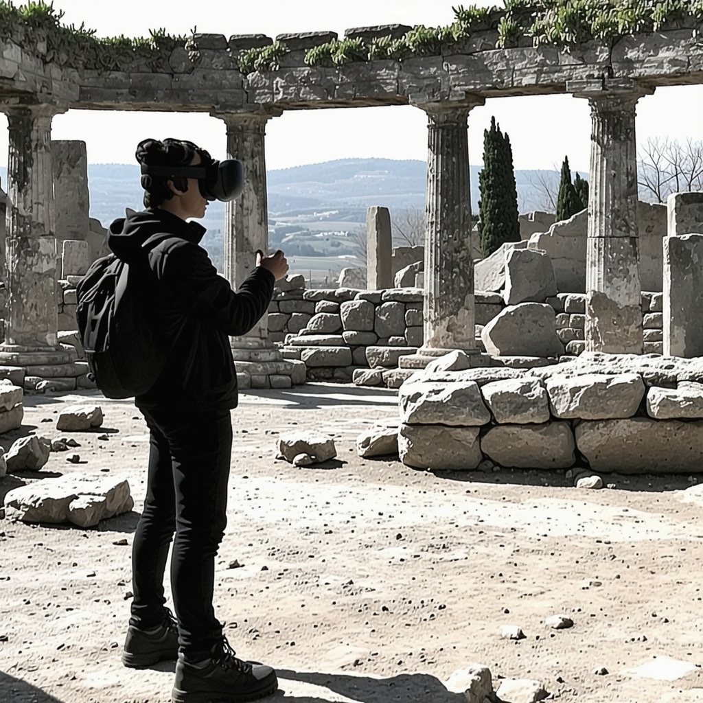 Person wearing VR goggles exploring ancient ruins with digital 3D overlays in Kičevo