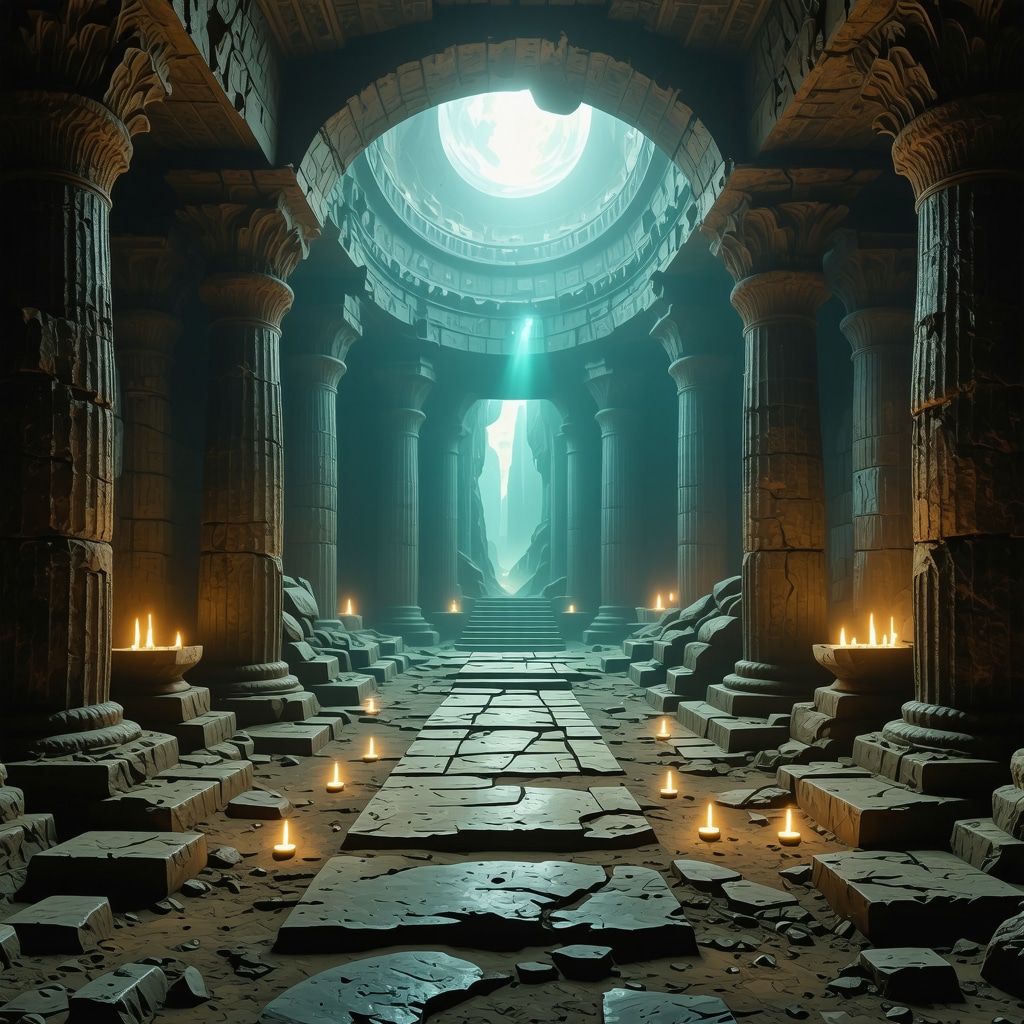 Reconstructed ancient ruins in virtual reality with glowing symbols and spiritual ambiance