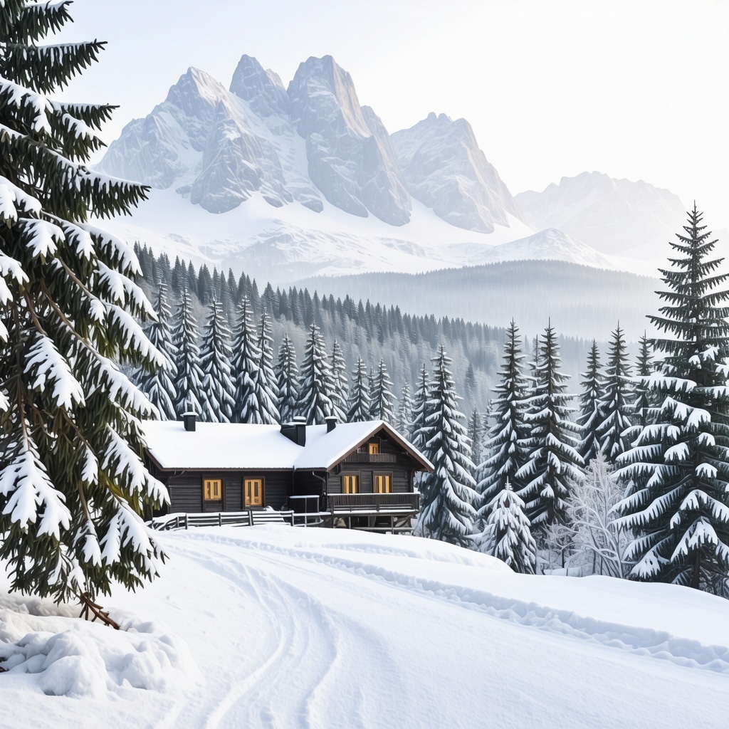 Snow-covered mountains and pine forests in Durmitor National Park with a mountain lodge