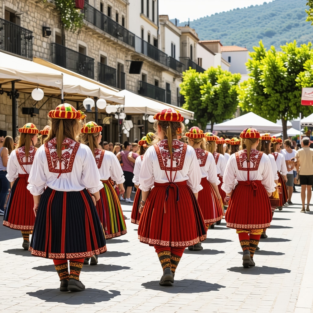 Colorful traditional costumes and smart technology displays at a street festival in Xanthi, Greece
