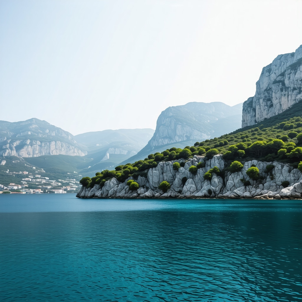 Scenic view of Albanian coast with mountains and sea
