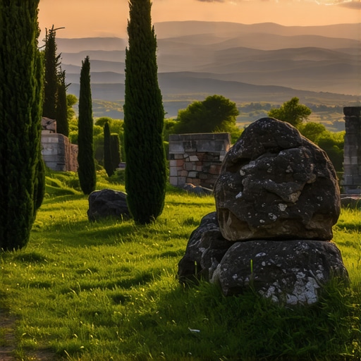 Scenic Balkan landscape showing ancient ruins, greenery, and sunset sky.