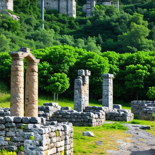 Beautiful Balkan landscape with ancient ruins and lush greenery