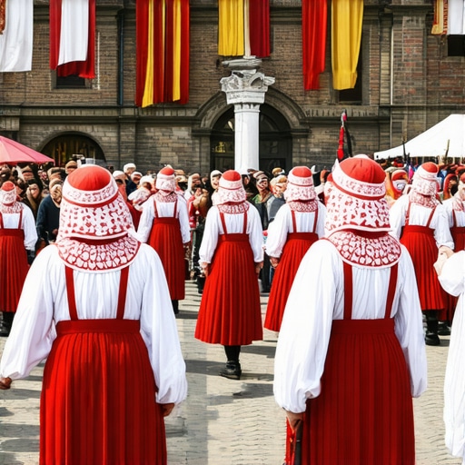 Balkanska ulica z običajno arhitekturo in lokalnimi praznovanji Živahna balkanska ulica z lokalno arhitekturo in ljudmi v tradicionalnih oblačilih