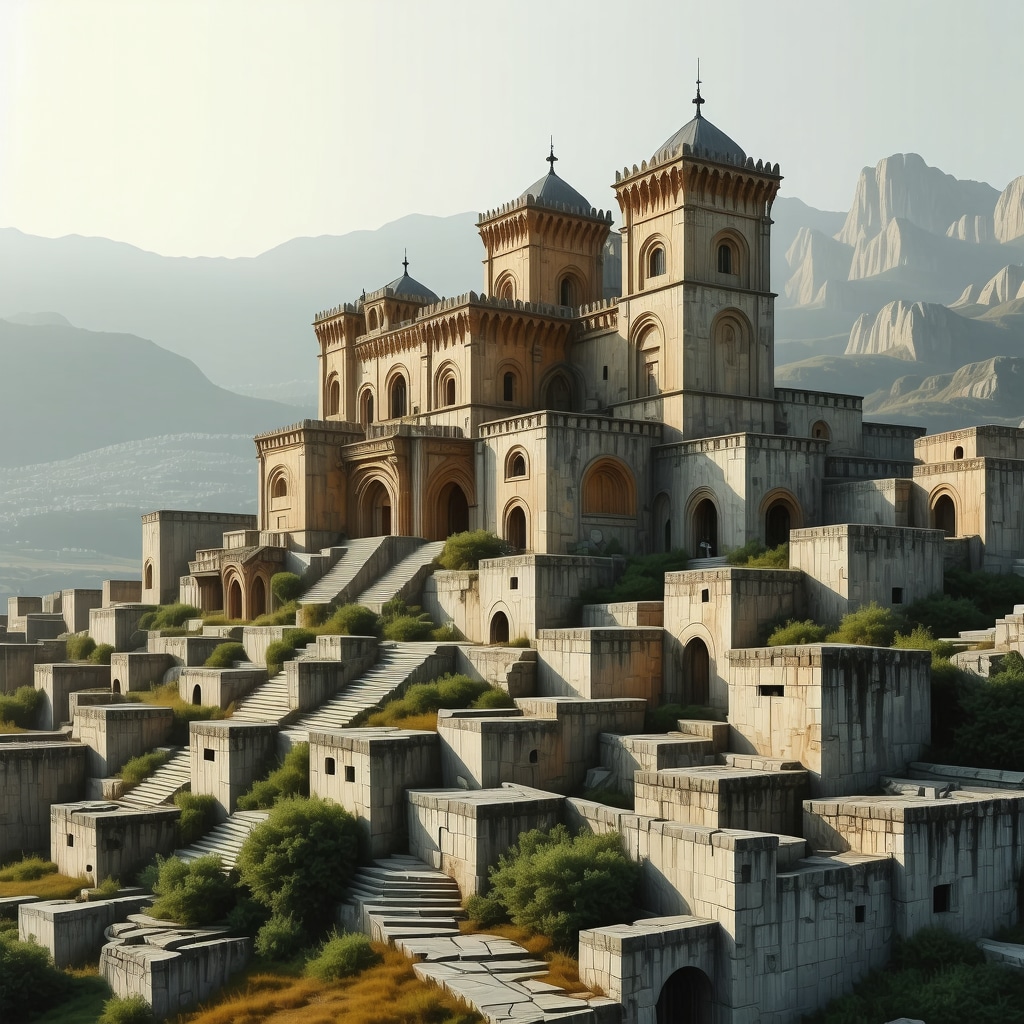 Futuristic digital reconstruction of traditional Balkan architecture with modern tech elements.