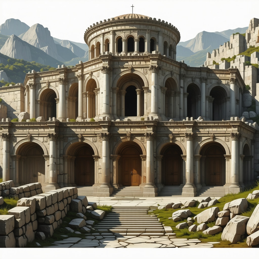 A digital rendering of layered Balkan architecture showing medieval, renaissance, and baroque influences