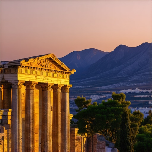 Sunset over ancient Greek ruins with mountains in background