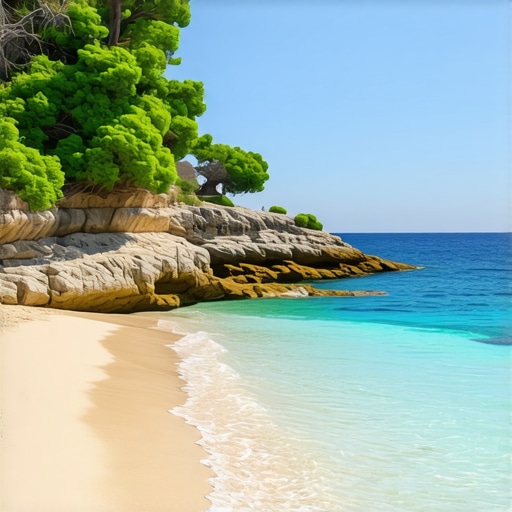 Secluded beach with clear turquoise waters and lush surroundings