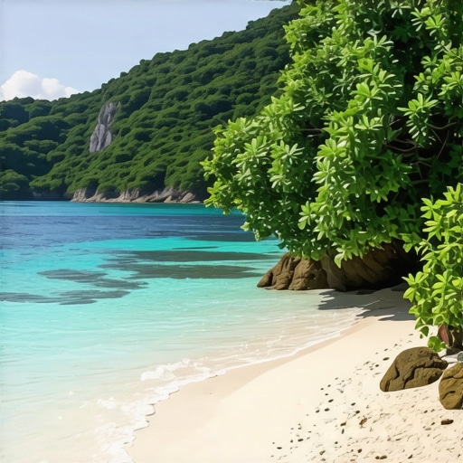 A peaceful scene of secluded beaches along the Adriatic coast surrounded by greenery and cliffs.