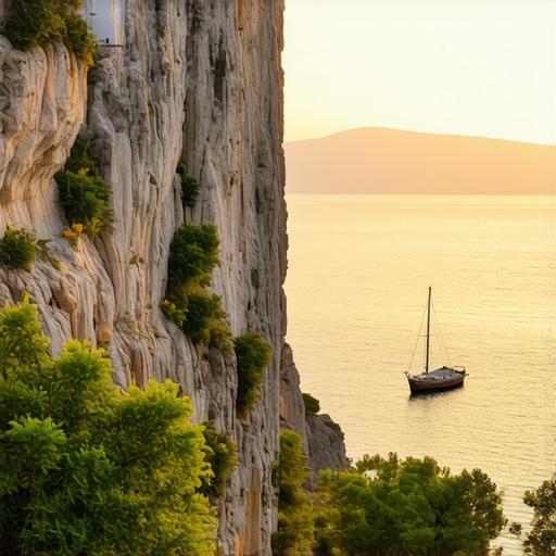 A stunning sunset view from a secret Dalmatian cliff overlooking the sea with lush greenery and a boat