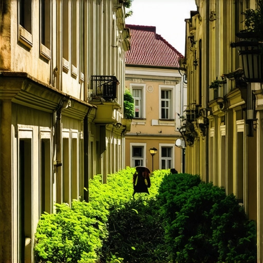 Photo of narrow streets in Subotica with historic buildings and greenery.