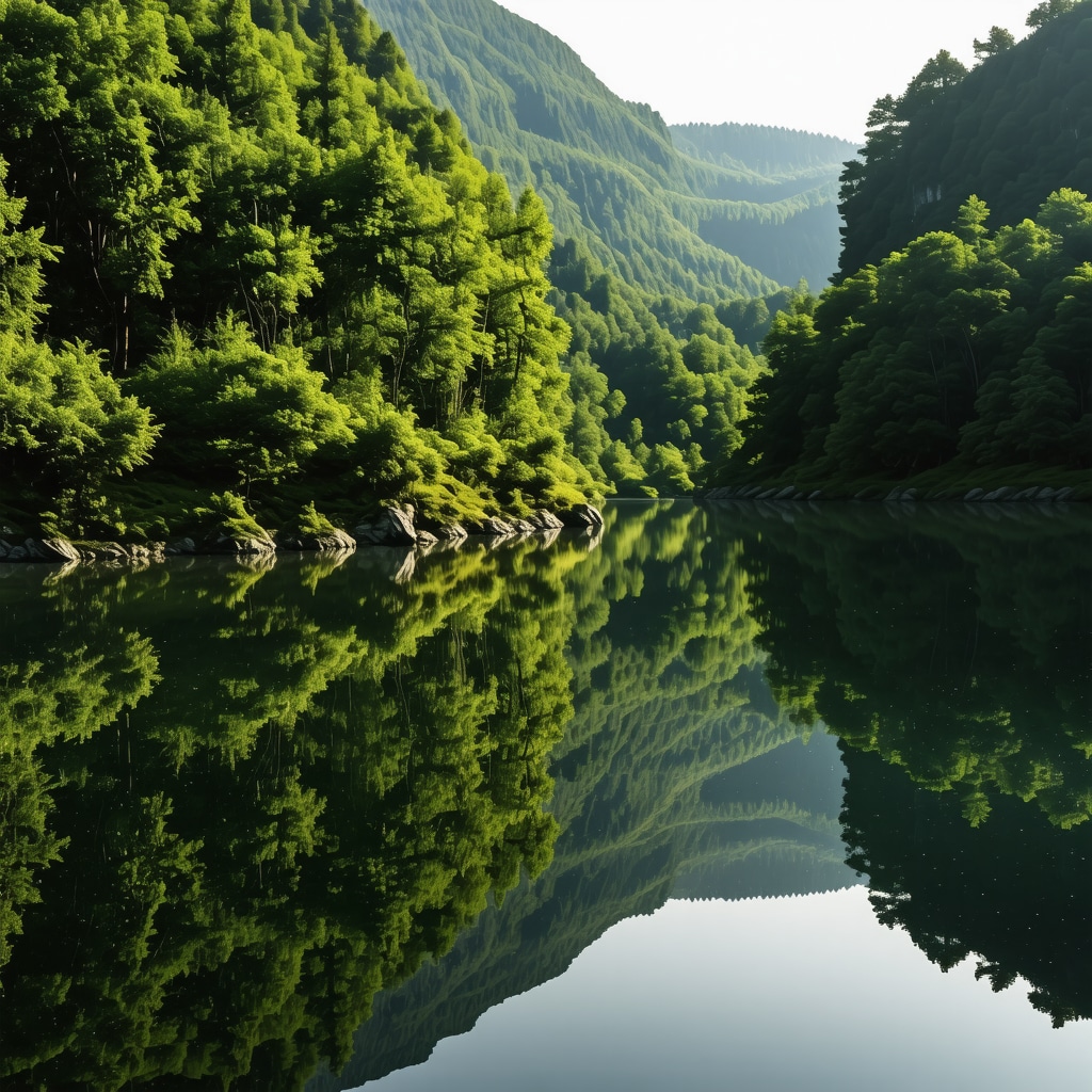 Peaceful hidden lake corner at Plitvička Jezera during sunrise with lush greenery and calm water.