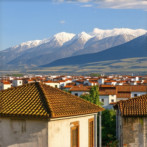 Beautiful panoramic view of Gostivar, showcasing mountains, traditional buildings, and lush greenery.
