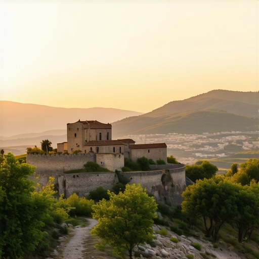 Sunset over Kruja with castle and scenic landscape