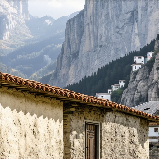 Razgled na Rugovo sotesko, Kosovo Gorski kraj v Rugovi soteski, z naravnimi lepotami in tradicionalno arhitekturo.