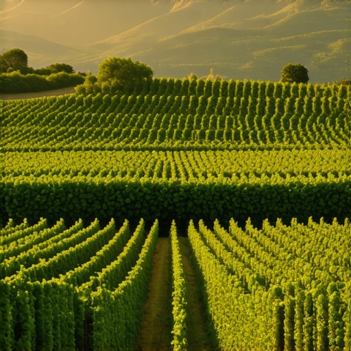Beautiful vineyard landscape in Balkans with grapes and sunset