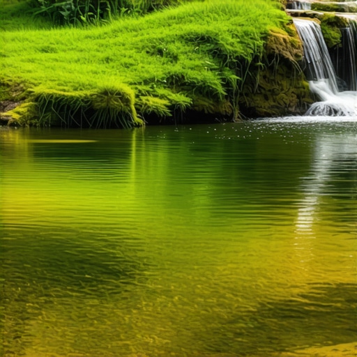 A peaceful spring with clear water flowing in a lush green landscape.