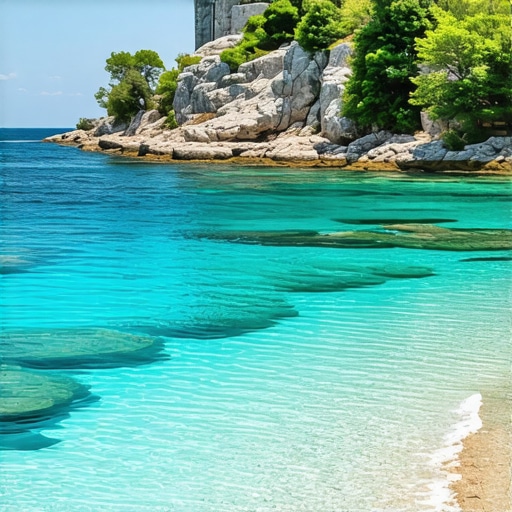 Skrita plaža na otoku v srednji Dalmaciji s kristalno vodo in zelenjem