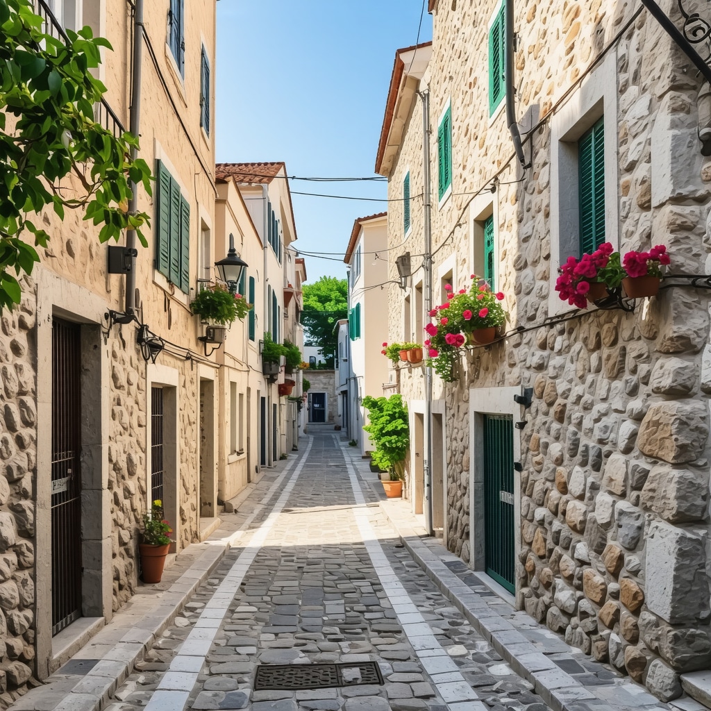 Narrow historic street in Šibenik with stone houses and lively atmosphere