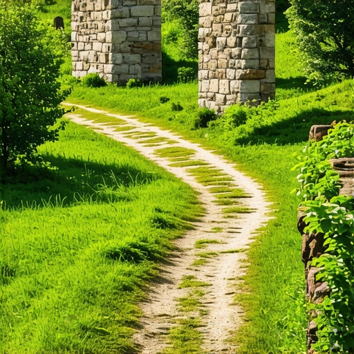 A beautiful trail through Bosnian countryside with historical stone structures and vibrant greenery