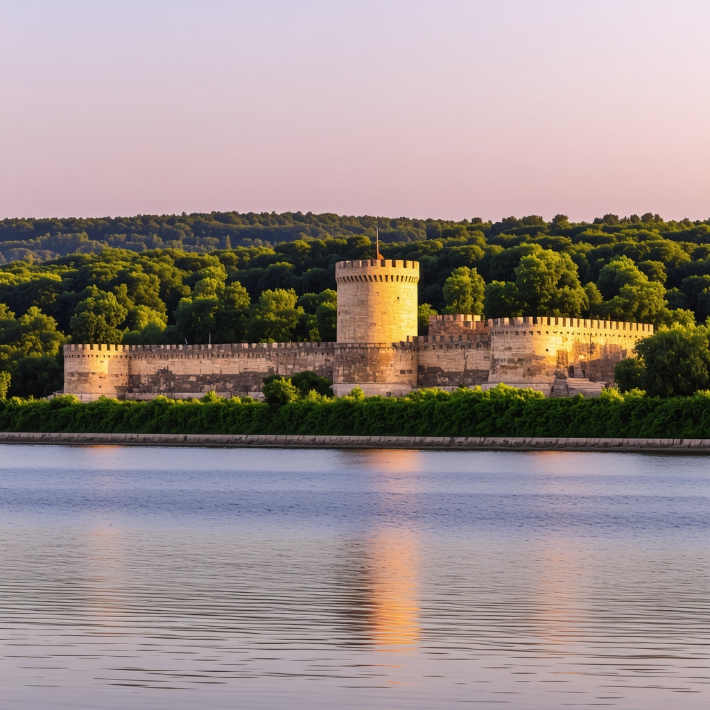 Sunset view of Smederevo's fortress overlooking the Danube River with lush greenery and historical architecture.