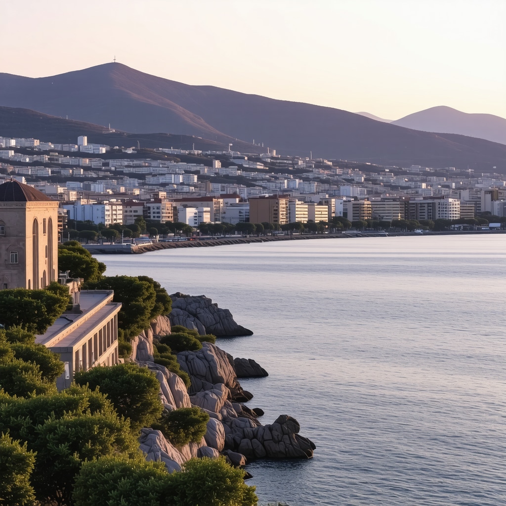 Panoramic view of Izmir city and coastline at sunset
