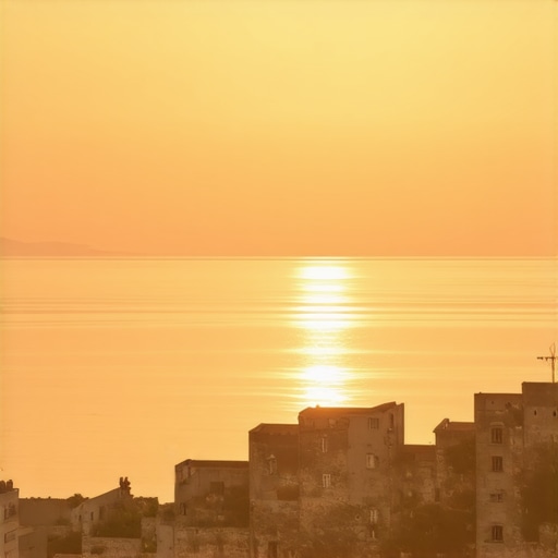 Beautiful sunset over Nafplio with historic buildings and sea view