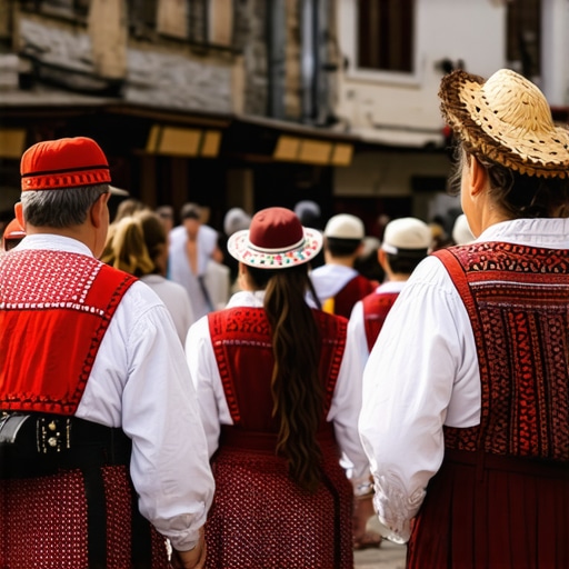 Local Balkan scene with traditional dress and vibrant marketplace