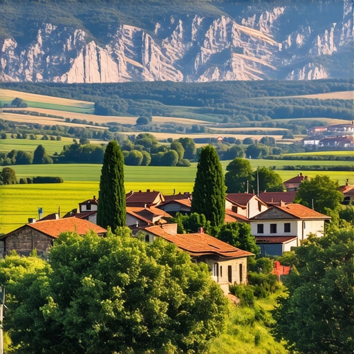 Idyllic Balkan village with mountain backdrop and lush greenery