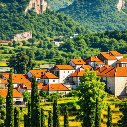 Scenic view of Balkan mountain landscape with historic villages and lush greenery.