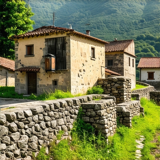 Scenic Balkan landscape with ruins and village life