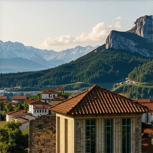 Scenic view of Balkan mountains and towns