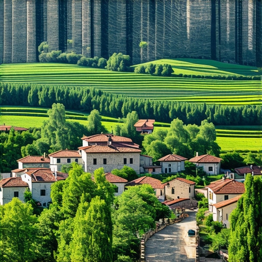Razgled na balkanske gore s starodavnimi vasicami in zelenjem