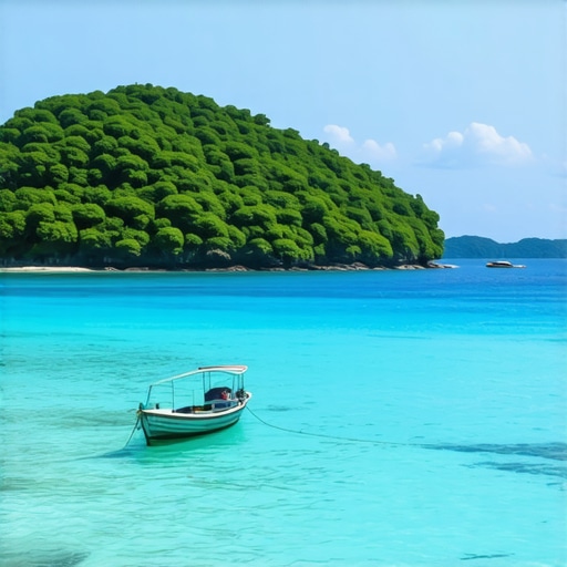 Beautiful island landscape with green trees, blue water, and a boat