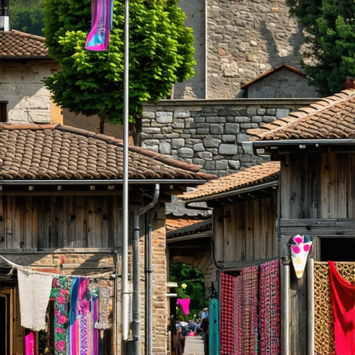 Slika starega balkanskega vasi z tradicionalno arhitekturo in lokalnimi praznovanji.