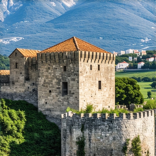 Stara trdnjava na hribu z gorskim ozadjem