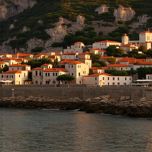 Panoramic sunset view of Budva's old town and Adriatic coast