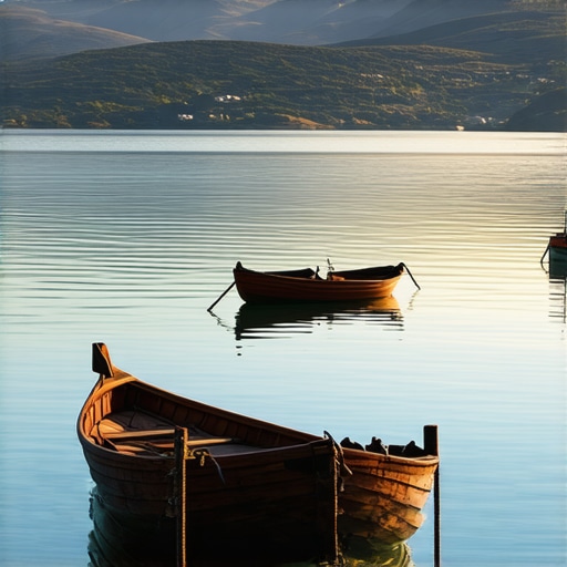 Beautiful sunset over Lake Ohrid with boats and mountains