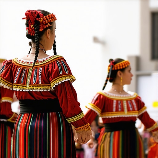 Colorful Bulgarian dancers in traditional costumes at a festival