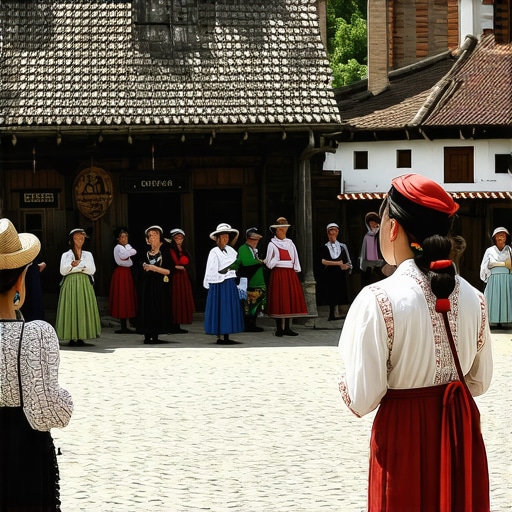 Traditional Balkan village with local inhabitants in cultural dress