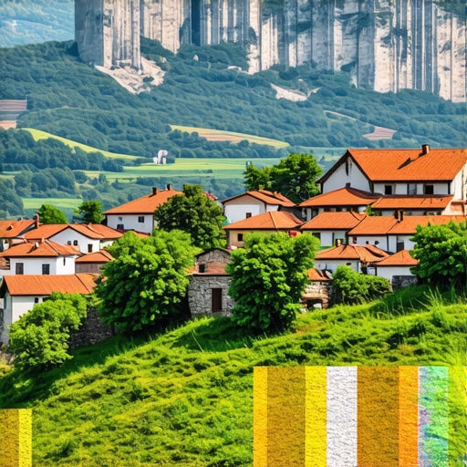 Balkan landscape with historic towns Scenic view of Balkan mountains and historic towns