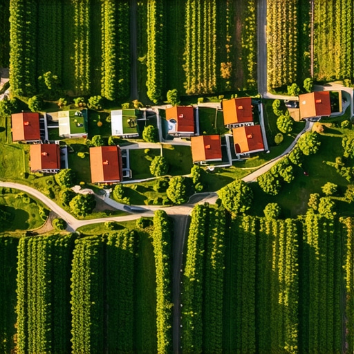 Hidden Balkan Village Aerial View Aerial view of a traditional Balkan village surrounded by lush greenery, showcasing authentic local architecture and winding paths.