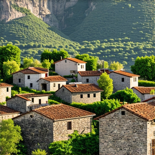 Scenic view of a traditional Balkan village surrounded by mountains