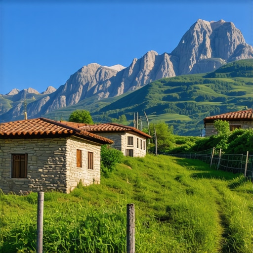 Gorska vas v Albaniji z tradicionalnimi hišami in zeleno pokrajino